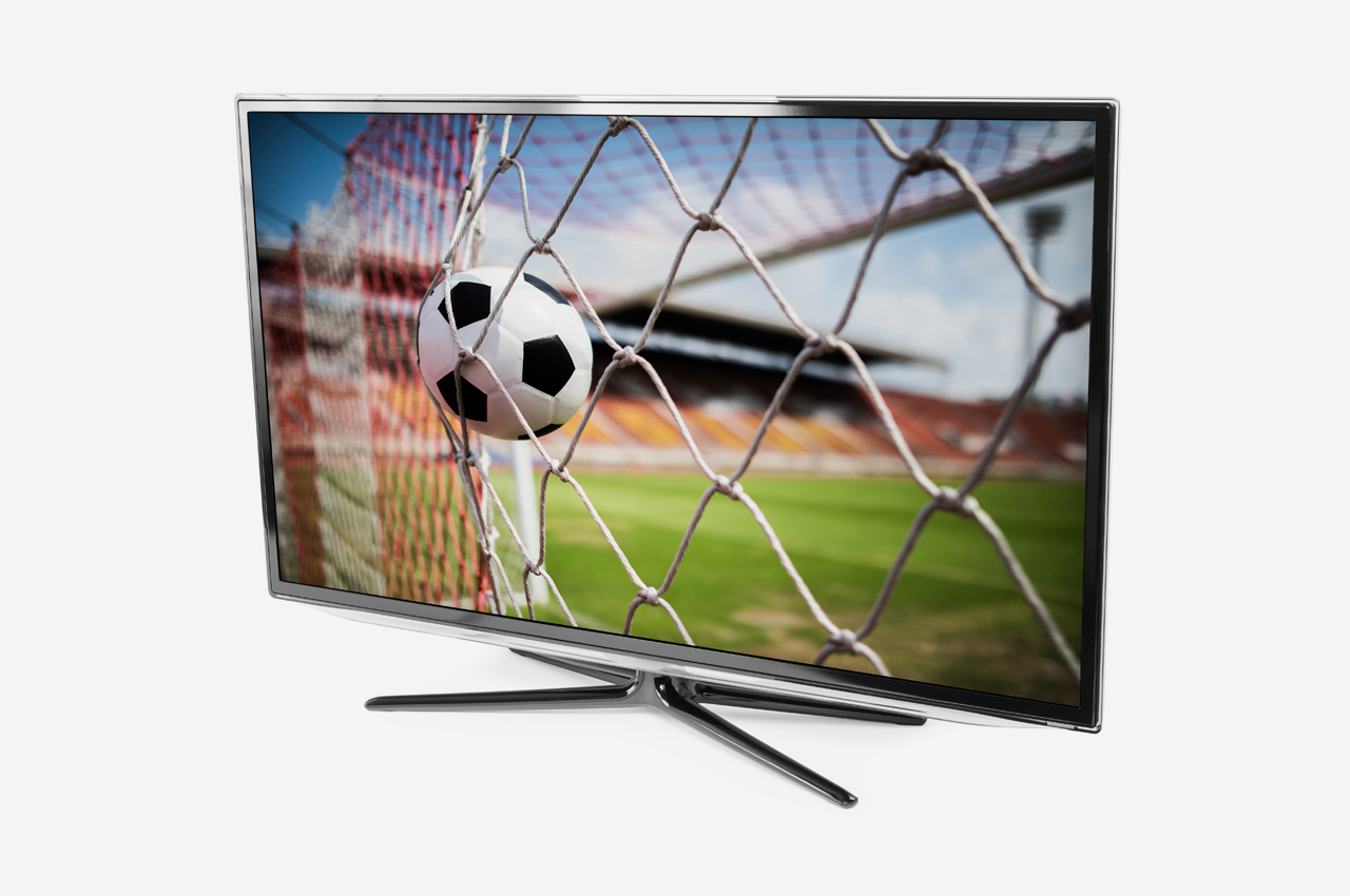 Fernseher mit Pay-TV-Programm, neutraler Hintergrund.