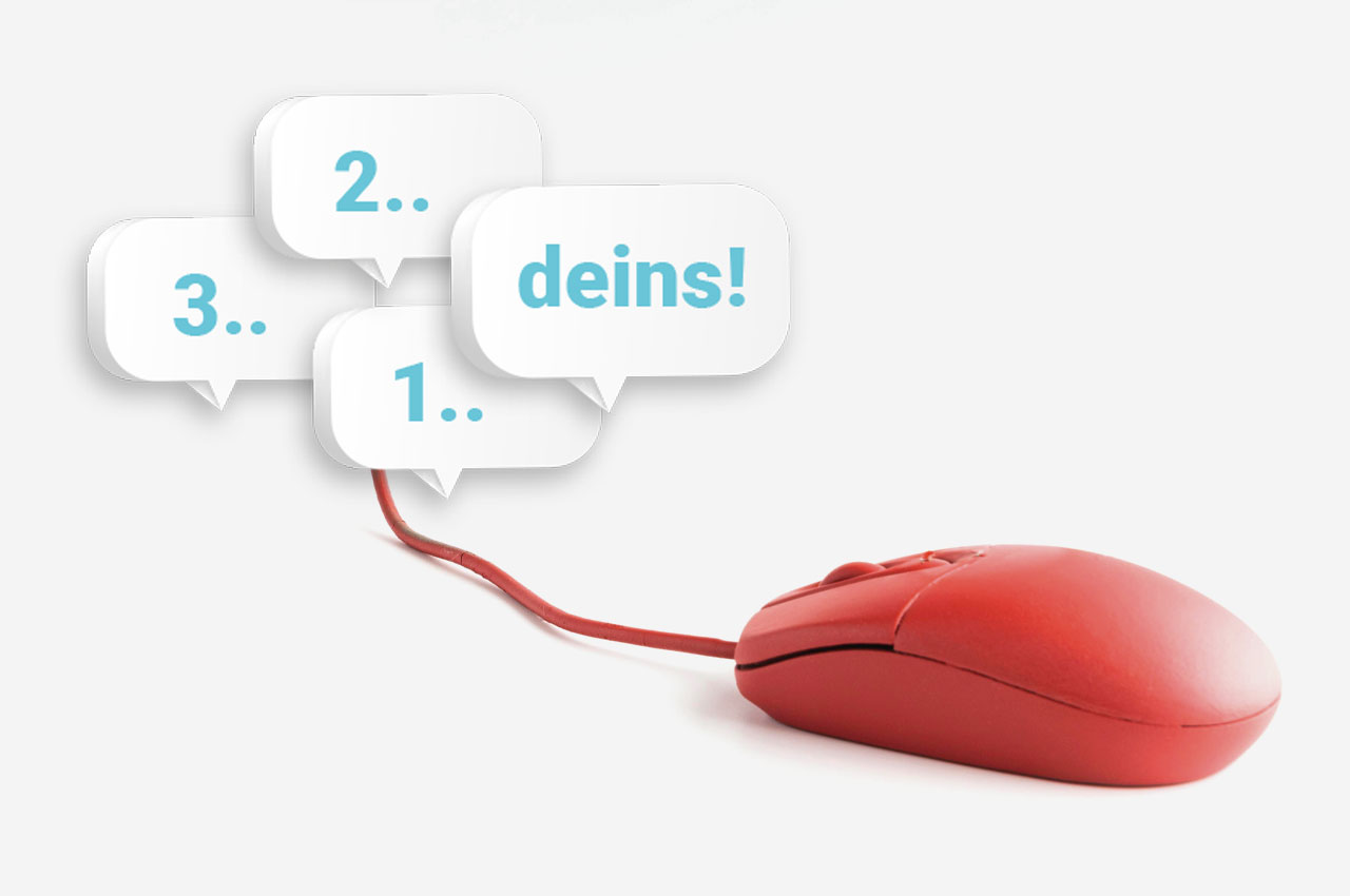 Computer-Maus, rot, mit Sprechblasen: 3, 2, 1 … deins! Neutraler Hintergrund.