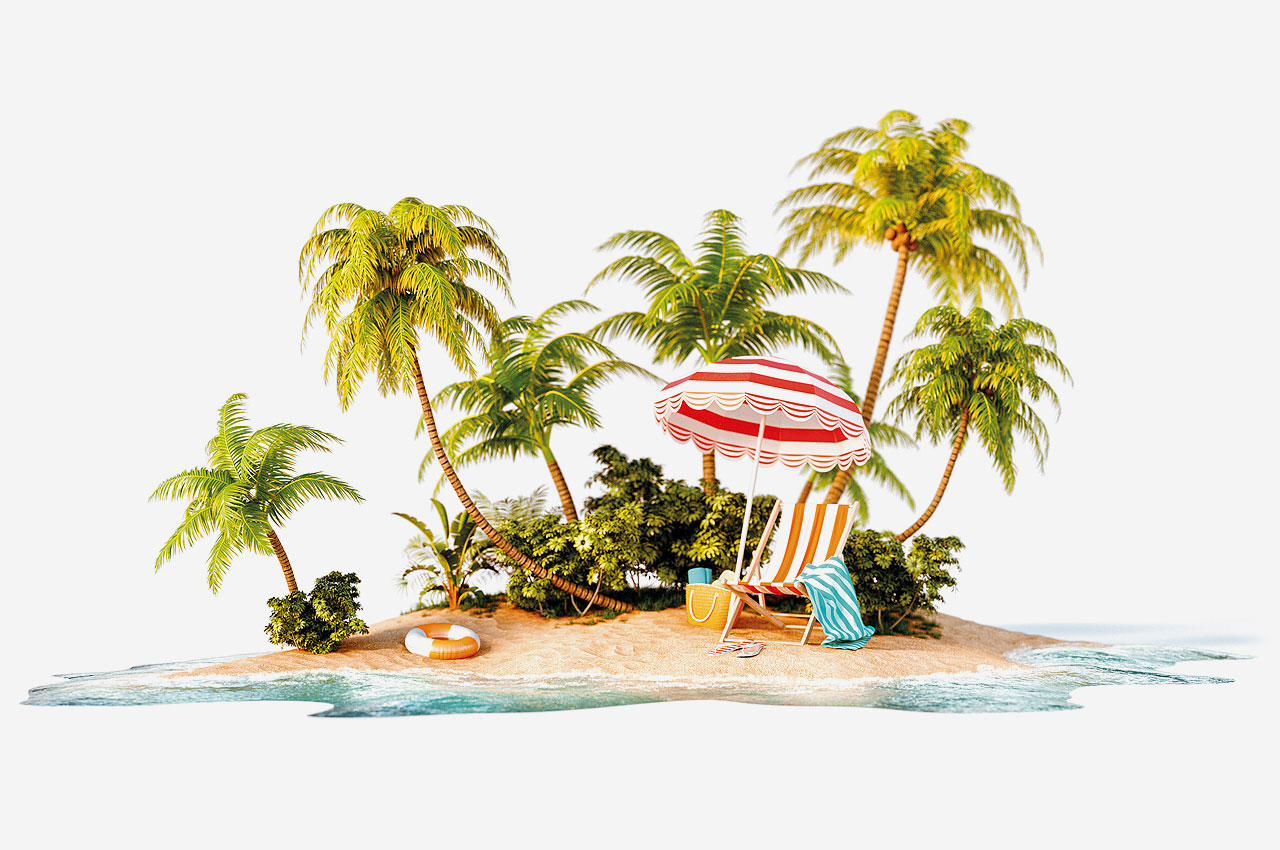 Kleine tropische Insel mit Palmen, Sonnenschirm und Liegestuhl, von Meer umgeben.