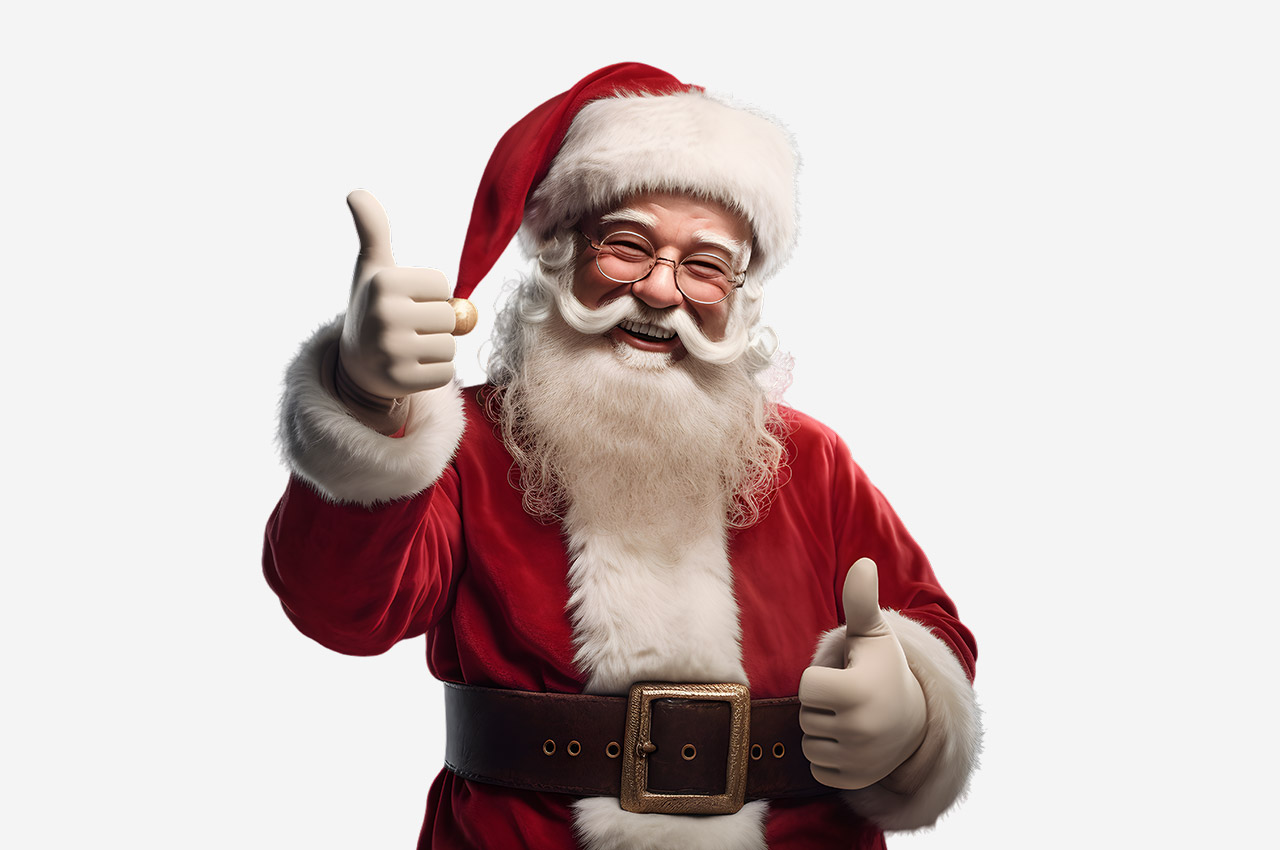 Weihnachtsmann, lachend, zeigt 2 Daumen hoch. Neutraler Hintergrund.
